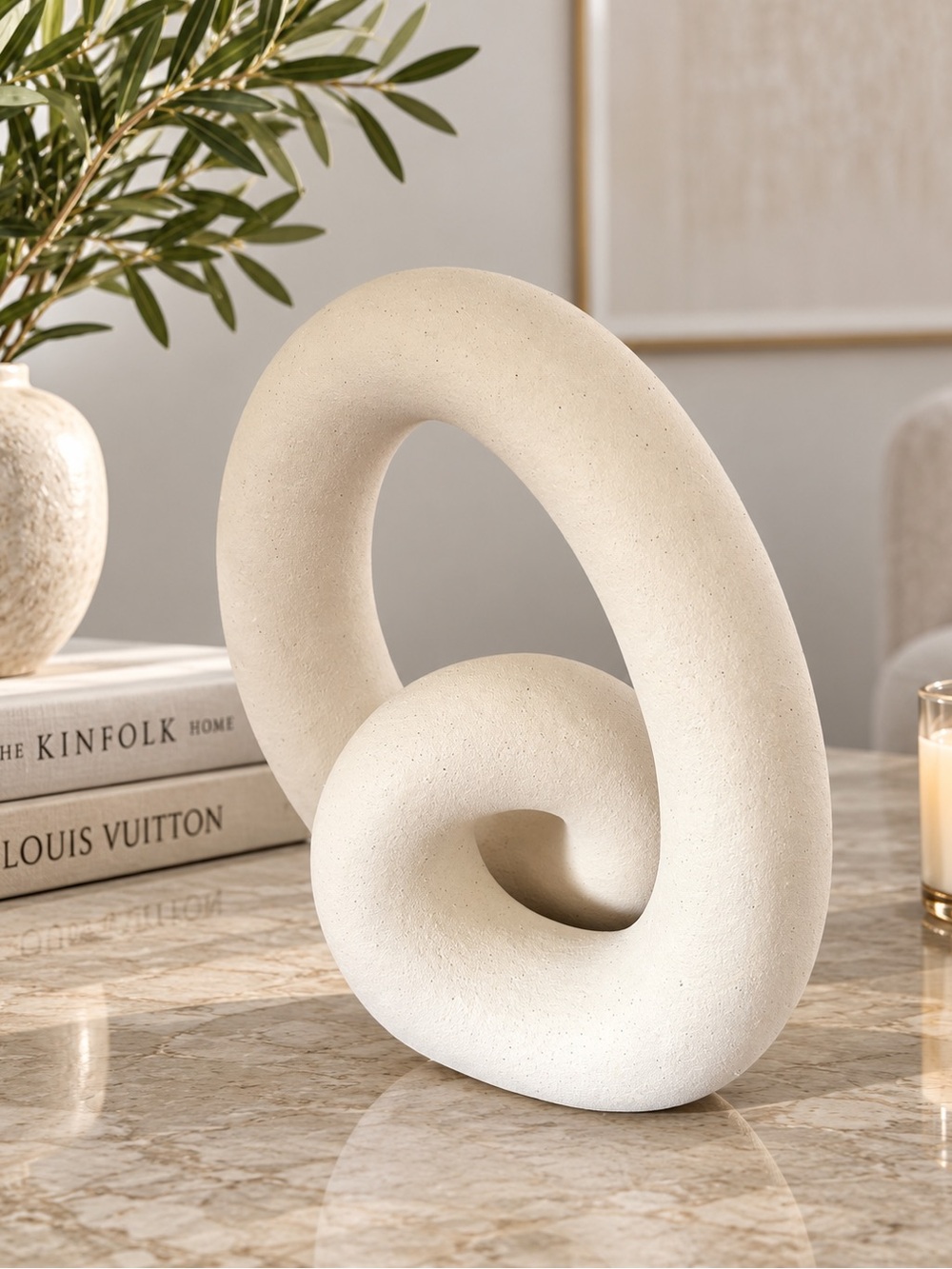 Modern Abstract Ceramic Loop Sculpture Cream Organic Minimalist Home Decor